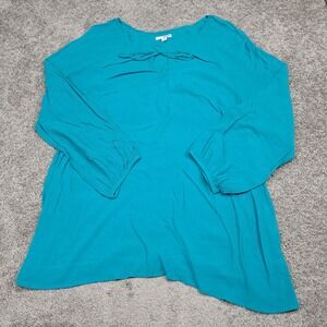 Sonoma Goods For Life Womens Plus 2X Teal Rayon Keyhole Tie Peasant Blouse Top